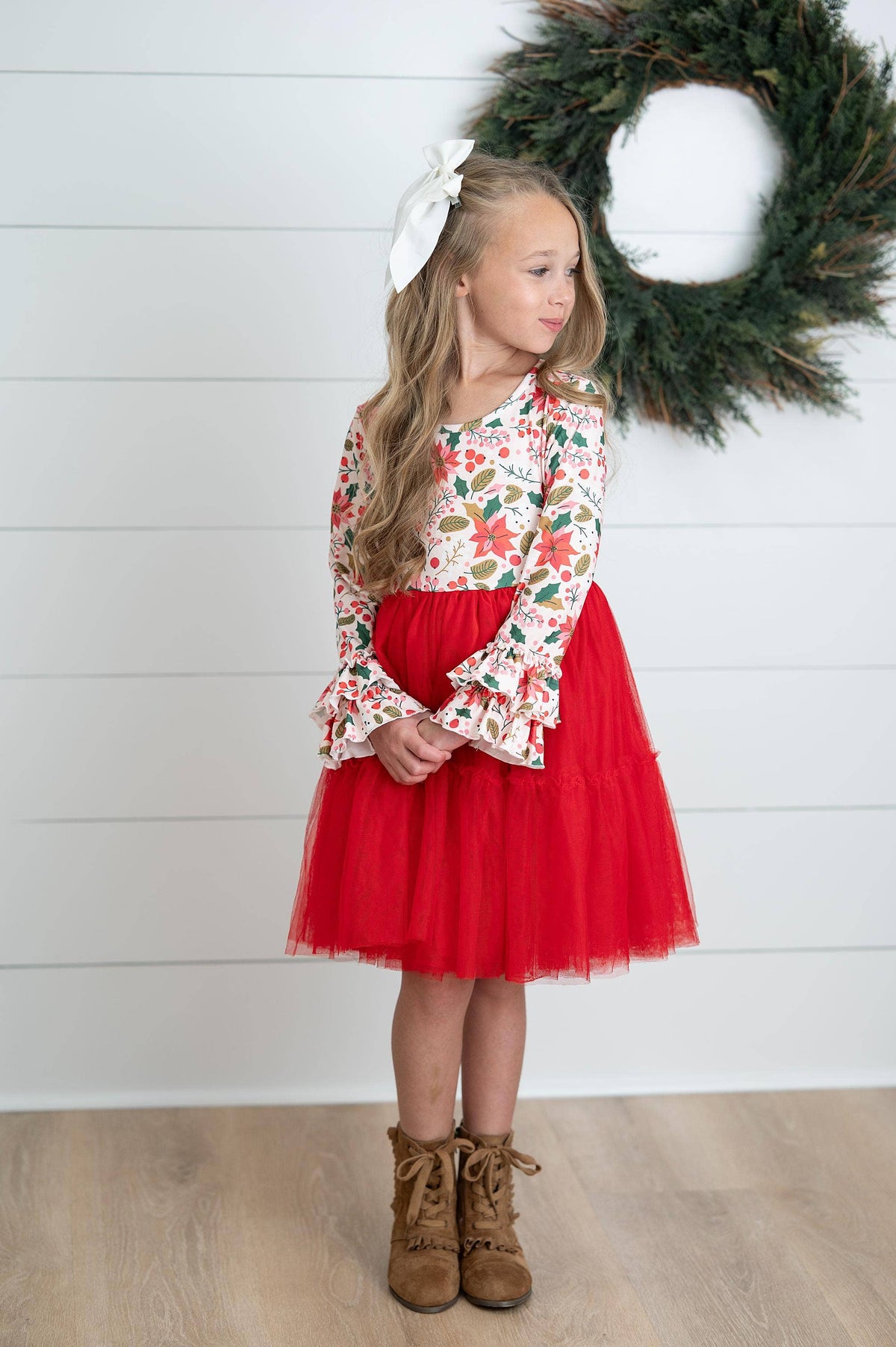 Girls Red Green Christmas Holiday Poinsettia Twirl Dress