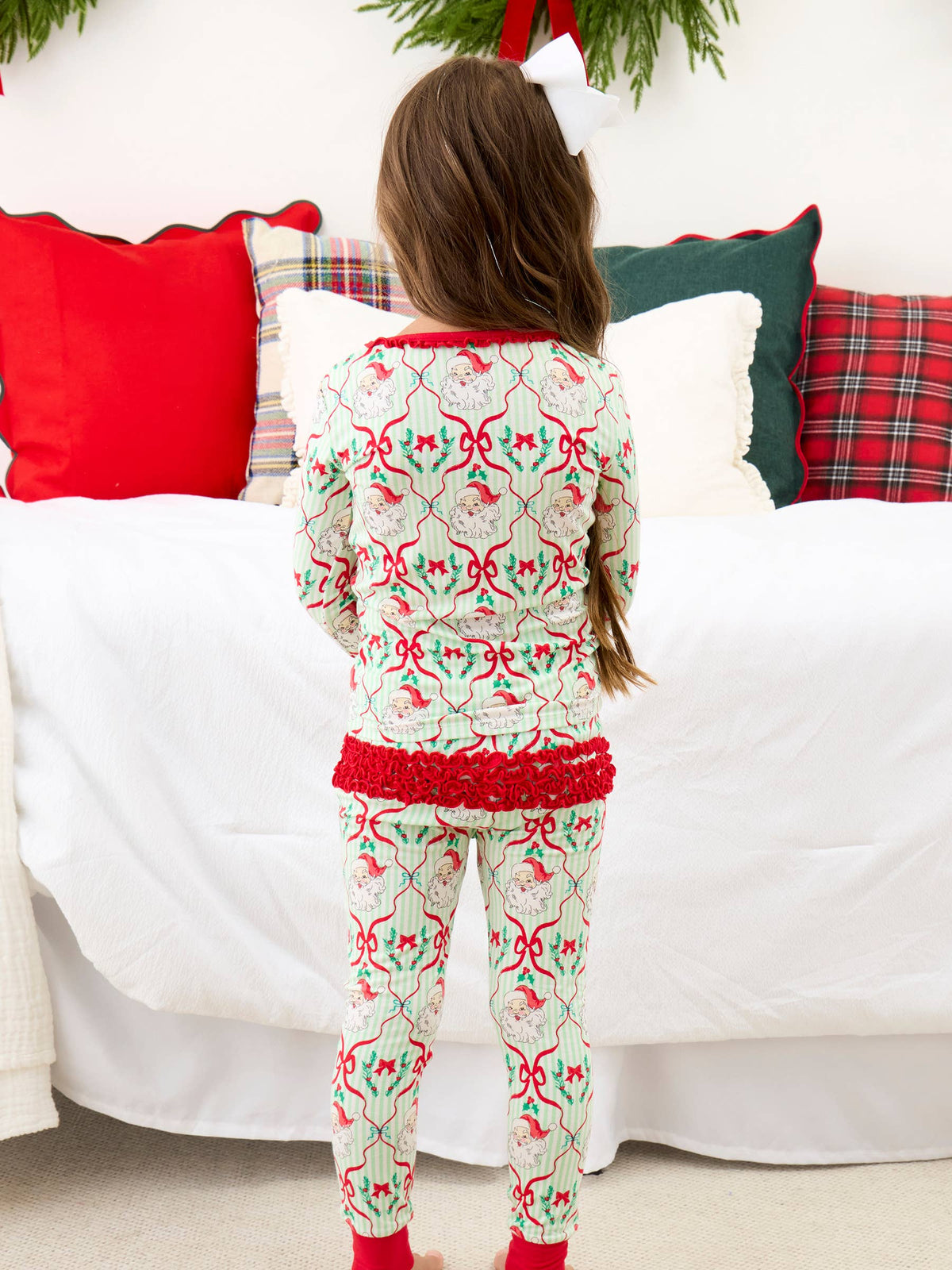 SoftSnooze™ Toddler Girls Bamboo Viscose Dear Santa Green Stripe Christmas Ruffle Long Sleeve Pajama Set with Signature Rear Ruffles