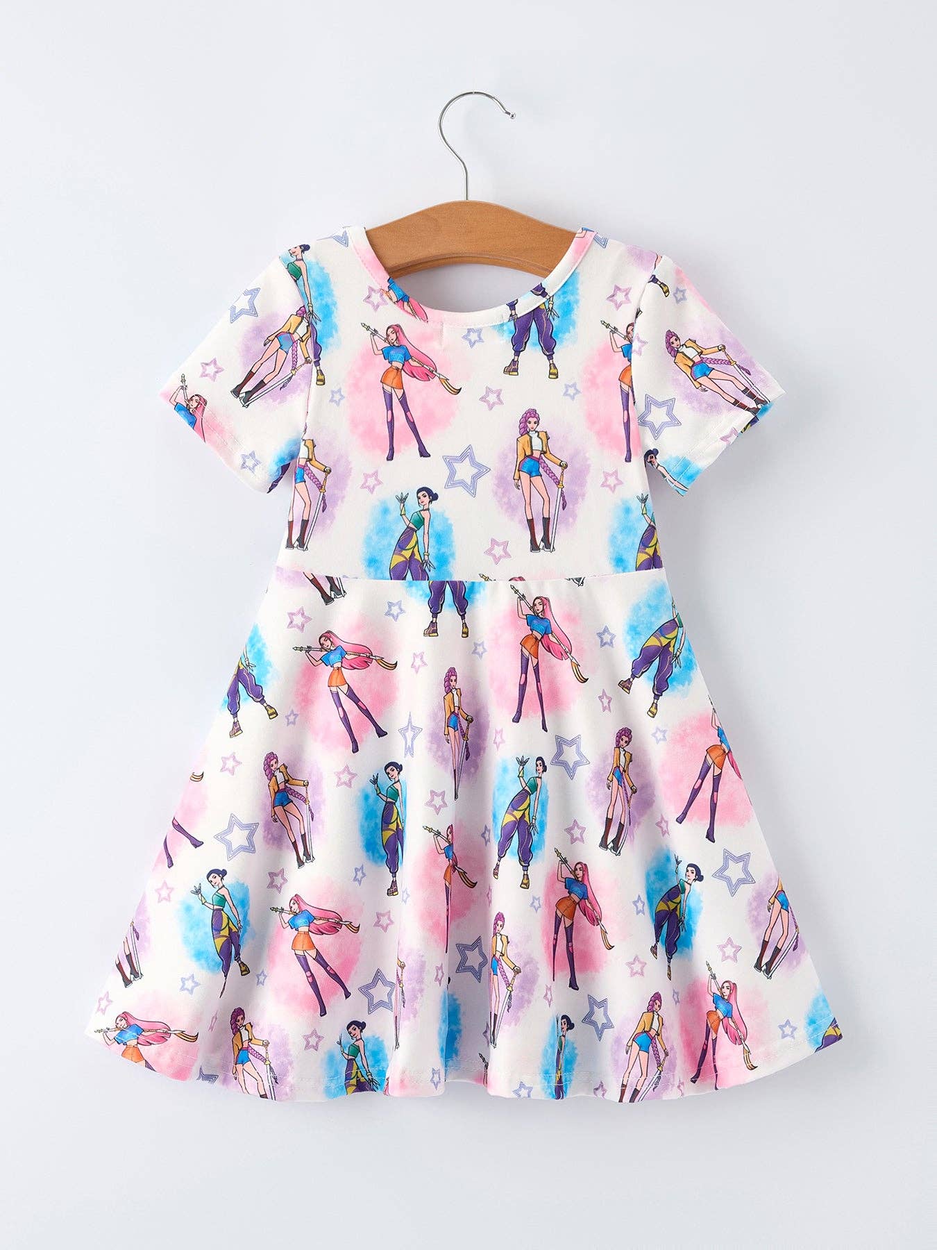 (ETA 3/12/26) Summer Pop Star Print Girl Twirly Short Sleeves Dress
