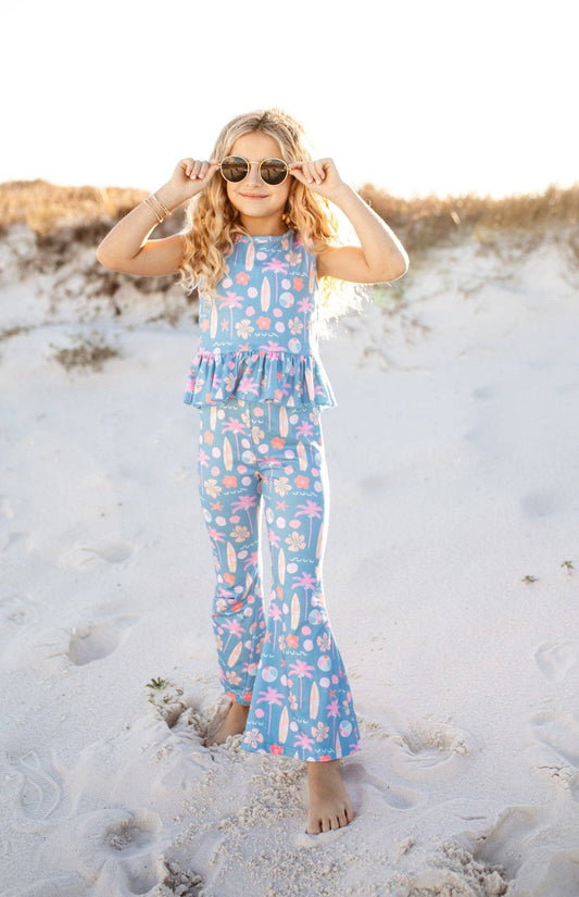 Dusty Blue & Pink Summer Surf Print Flare Pant Set