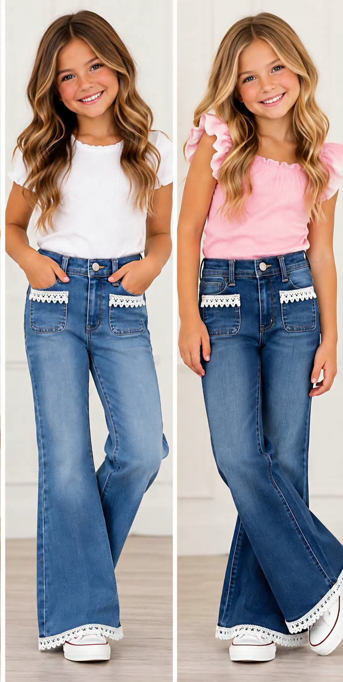 Girl's Flare Leg Denim Jean w/ Crochet Trim