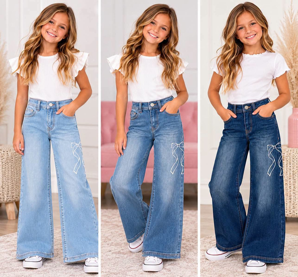 Girl's Wide Leg Denim Jean w/ Bow Embroidery