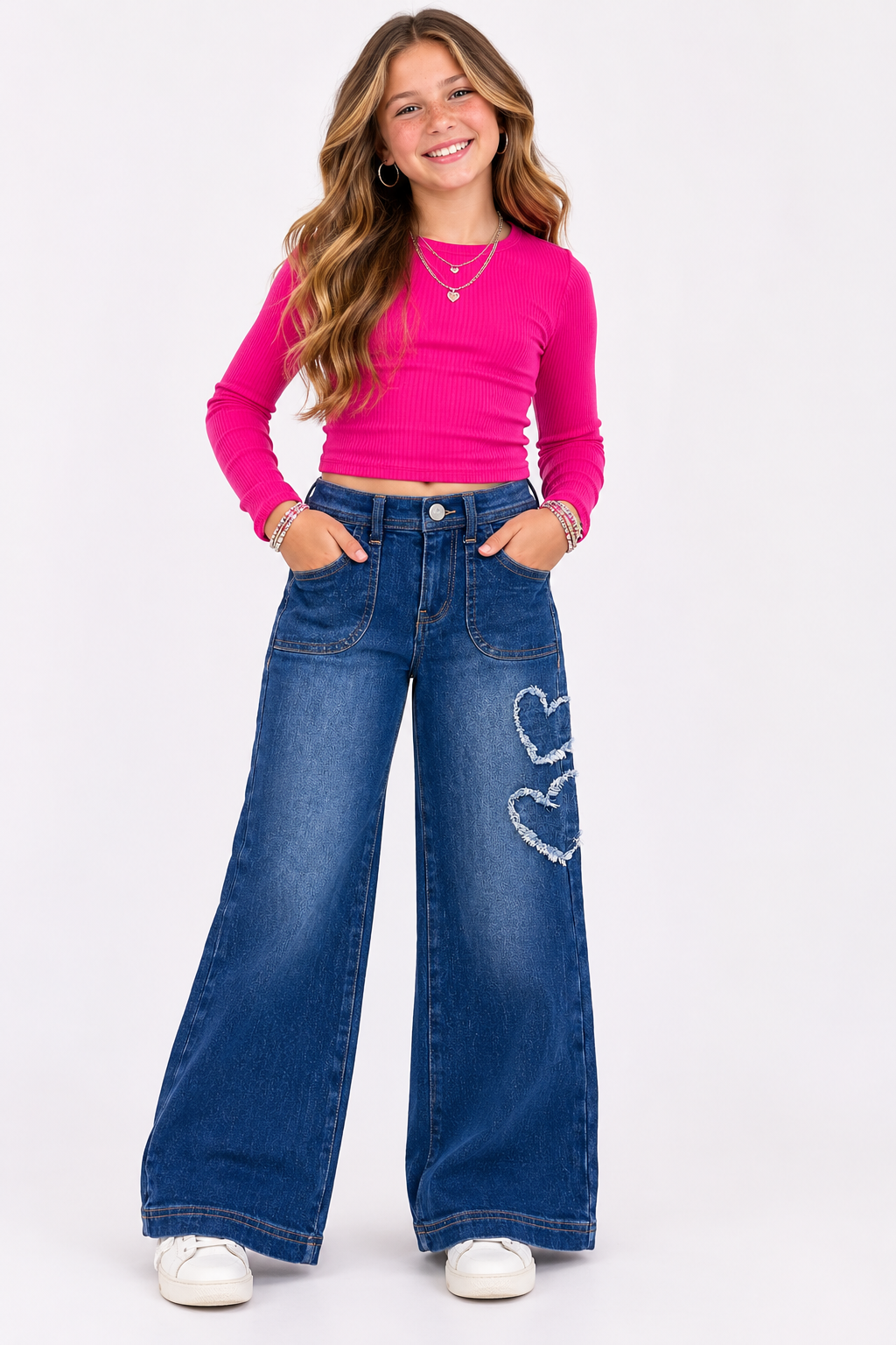 Girl's Wide Leg Denim Jean w/ Heart Appliques