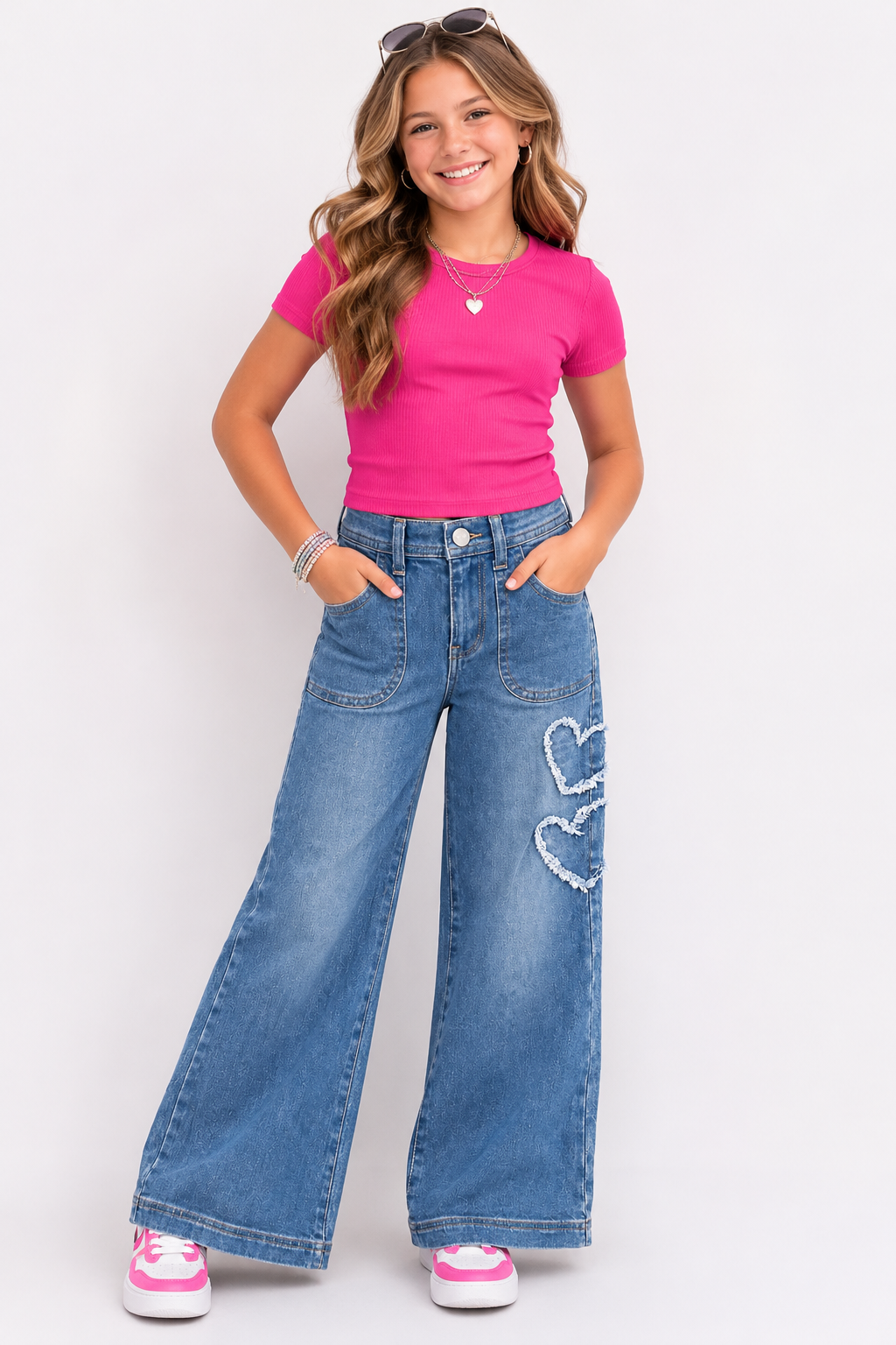 Girl's Wide Leg Denim Jean w/ Heart Appliques