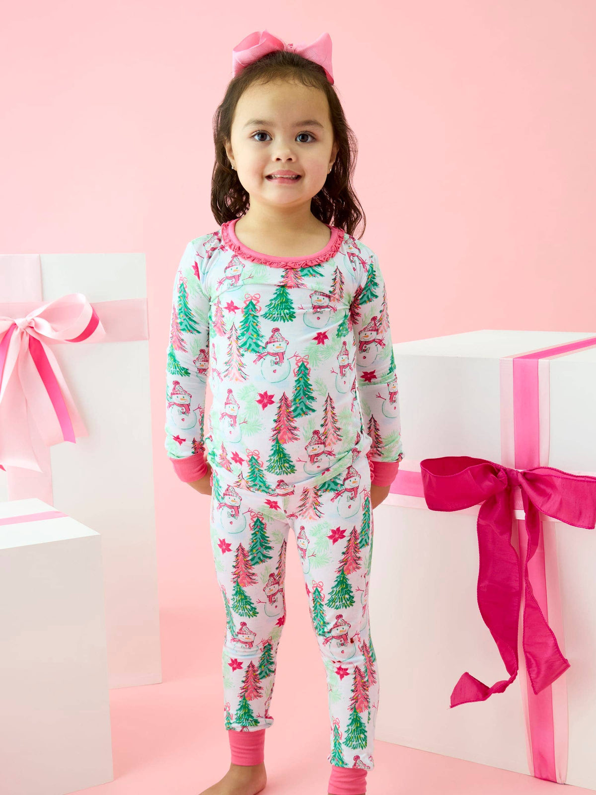 SoftSnooze™ Toddler Girls Bamboo Viscose Pink Snowman Grove Ruffle Long Sleeve Pajama Set with Signature Rear Ruffles