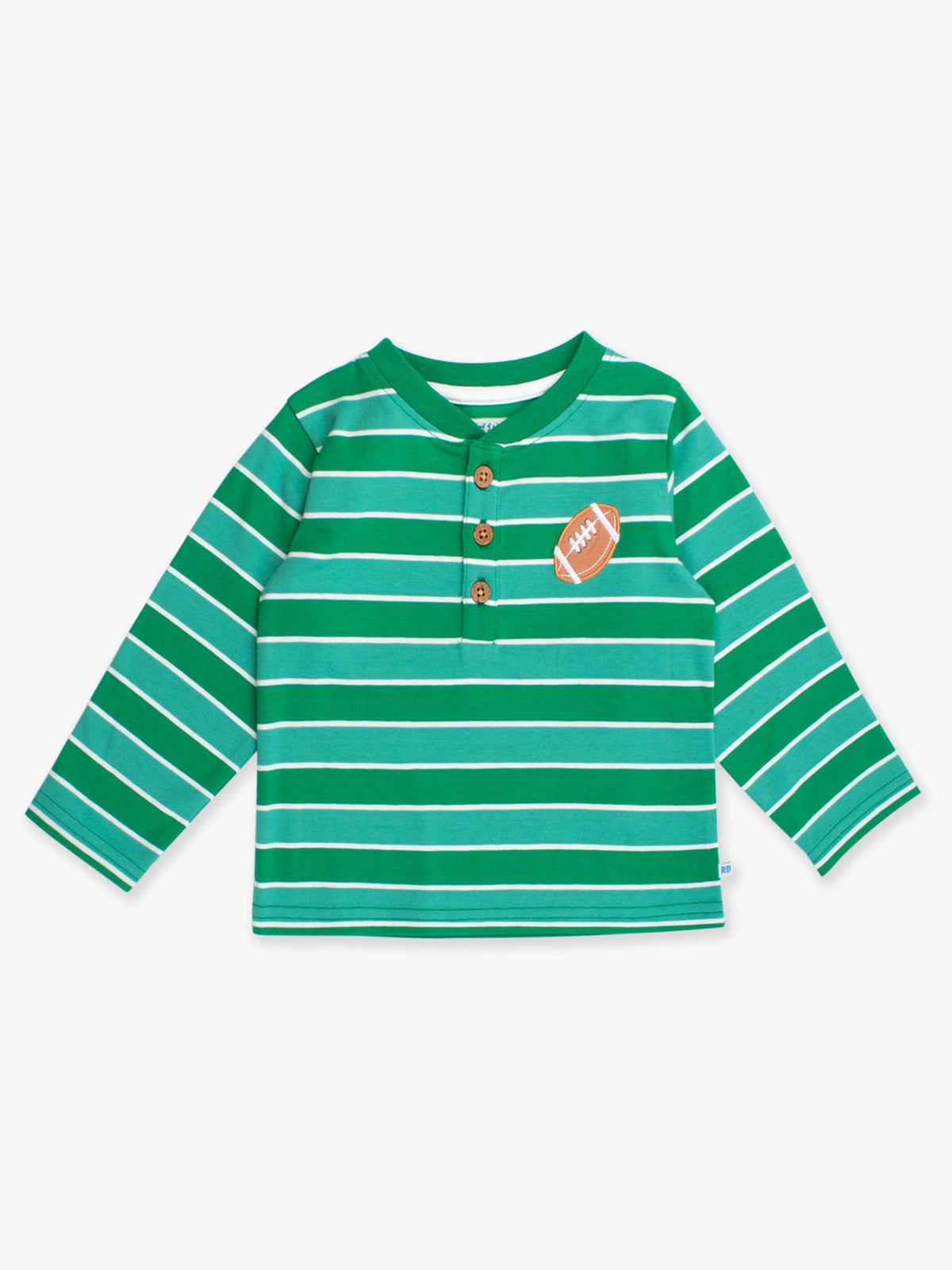 Boys Varsity Football Green Stripe Knit Long Sleeve Embroidered Henley Tee