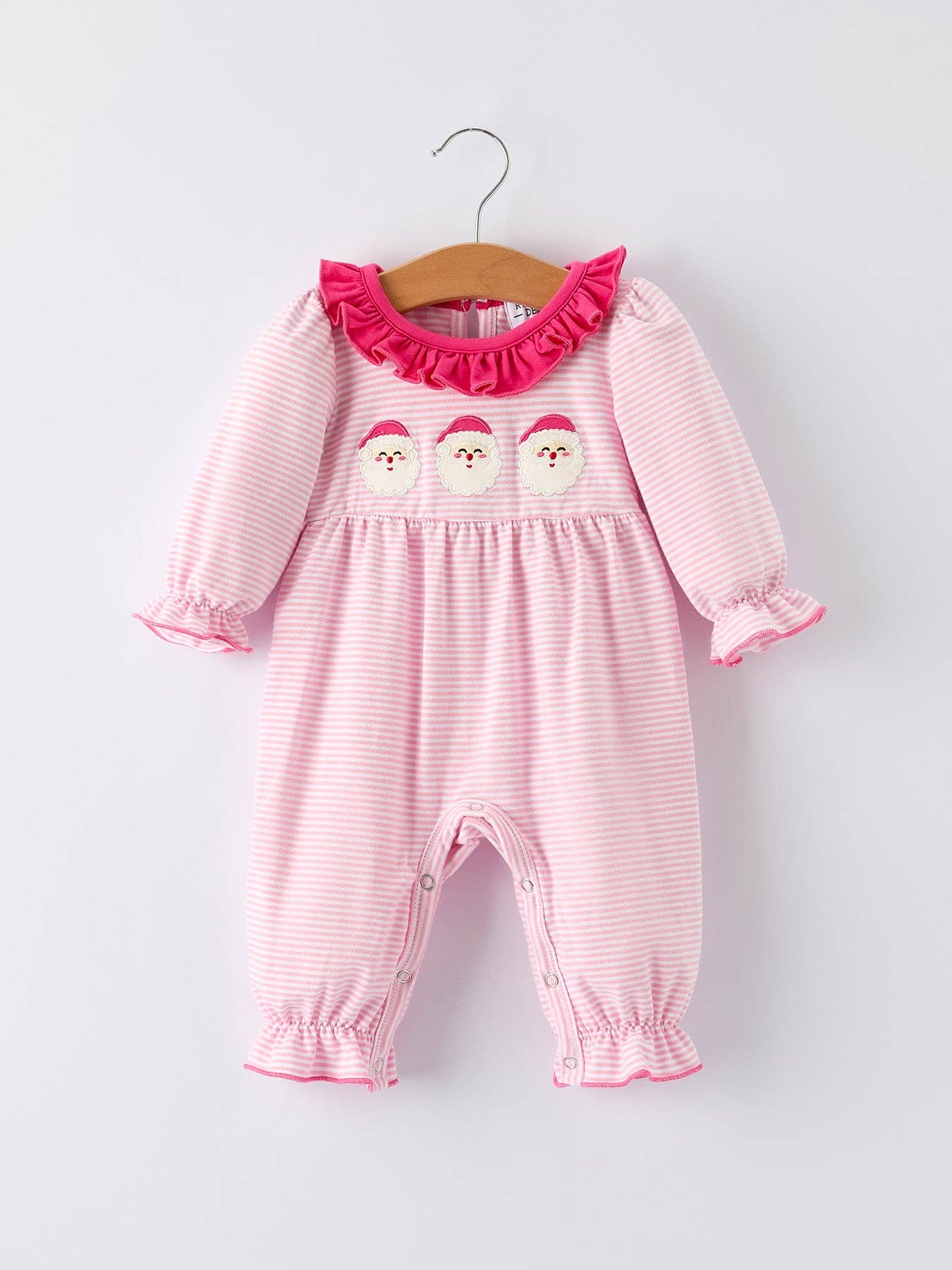 Christmas Santa Applique Striped Baby Girls Romper with Red Ruffle Trim