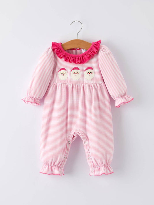 Christmas Santa Applique Striped Baby Girls Romper with Red Ruffle Trim