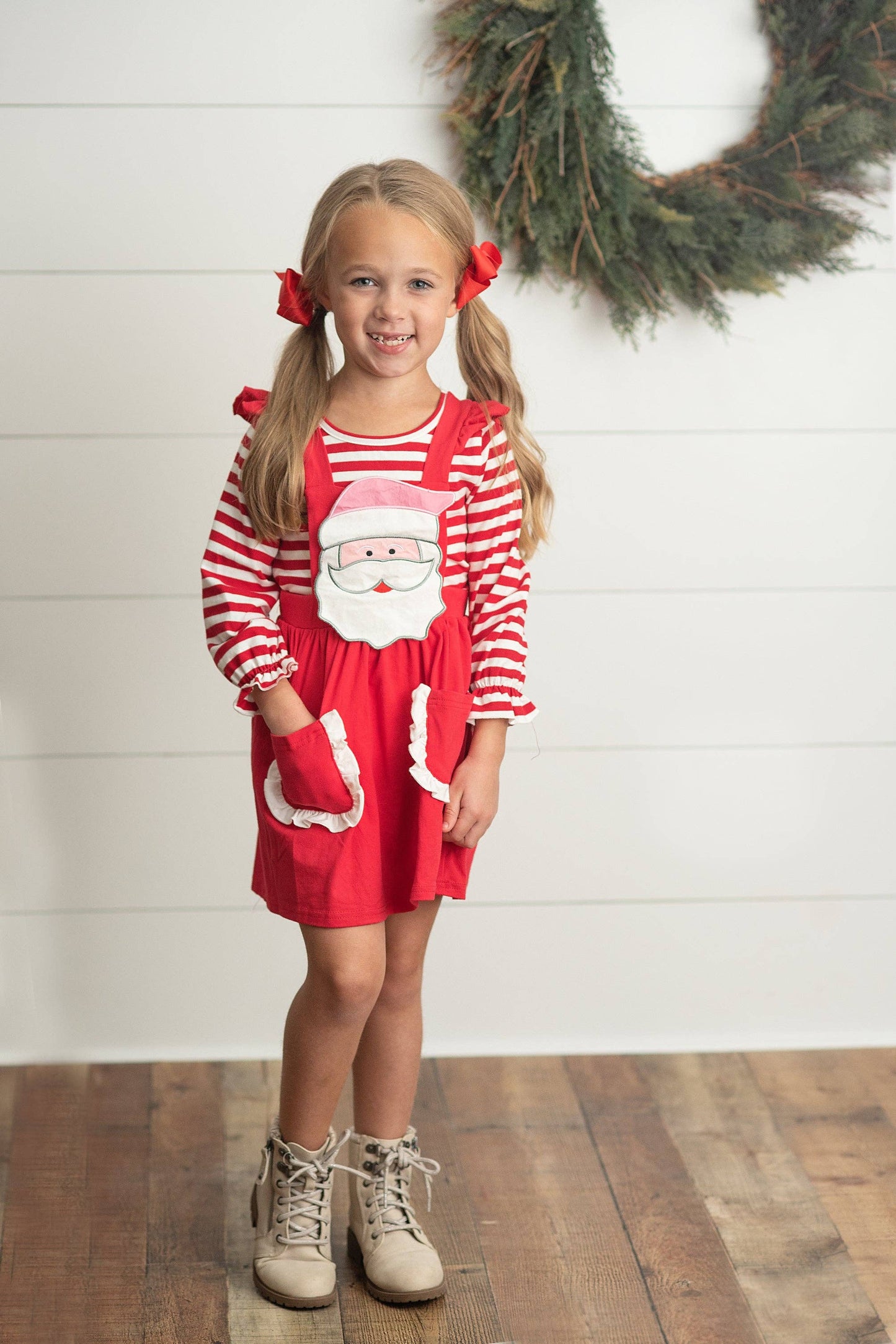 Striped Santa Ruffle Pocket Pinafore Christmas Set