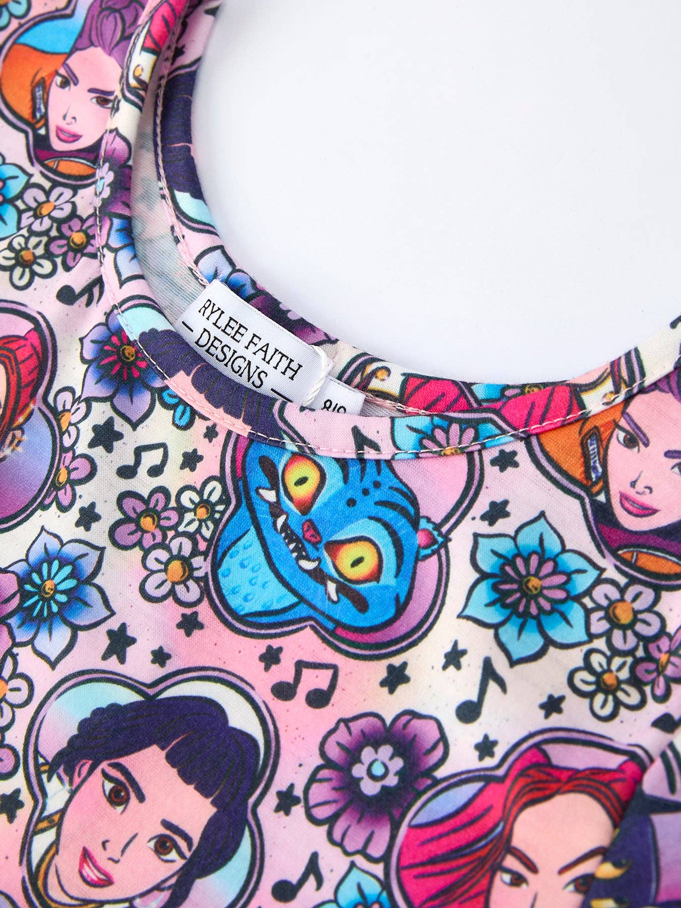 Purple Characters Print Short Sleeve Girls Dress