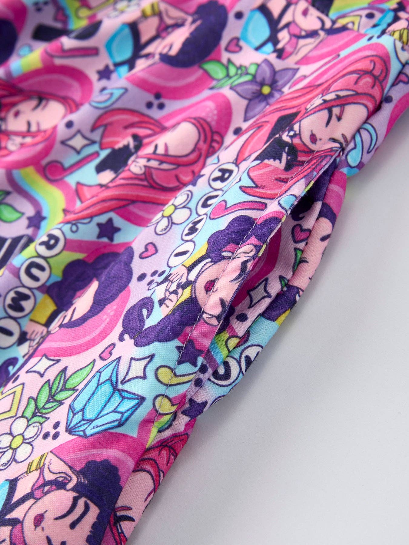 Purple Characters Music Print Short Sleeve Girls Dress