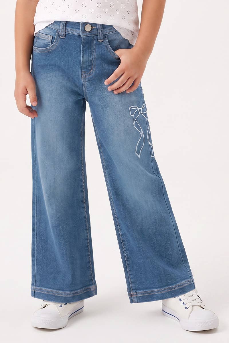 Girl's Wide Leg Denim Jean w/ Bow Embroidery