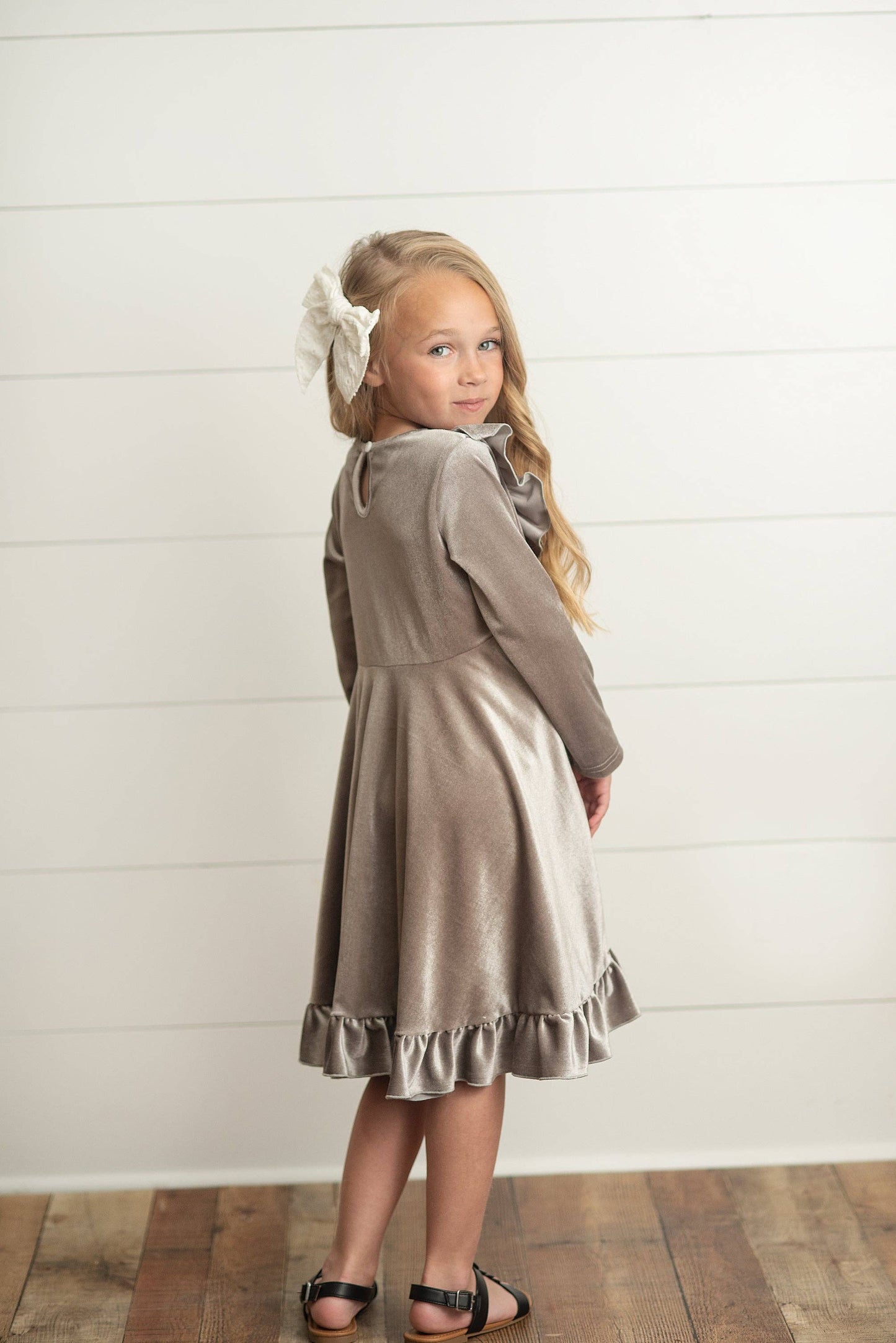 Gray Silver Velvet Ruffle Fancy Christmas Party Dress