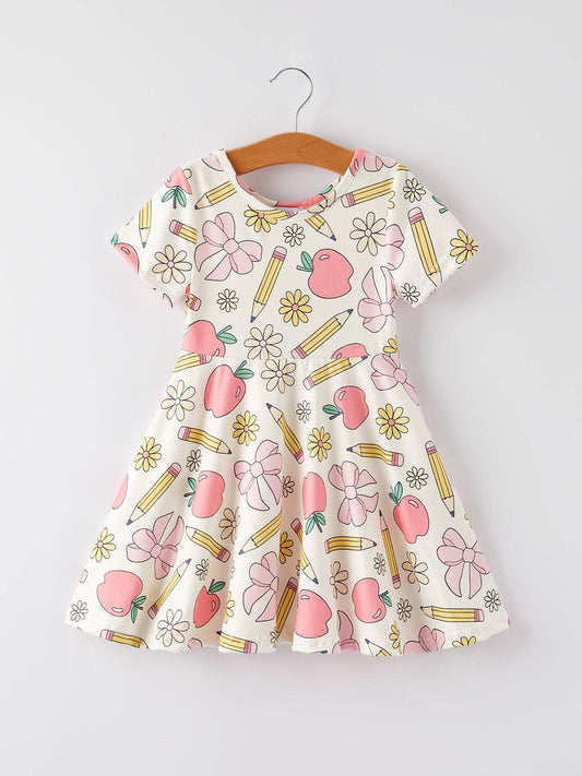 Back to School Apple, Pencil, and Floral Print Girls Dress