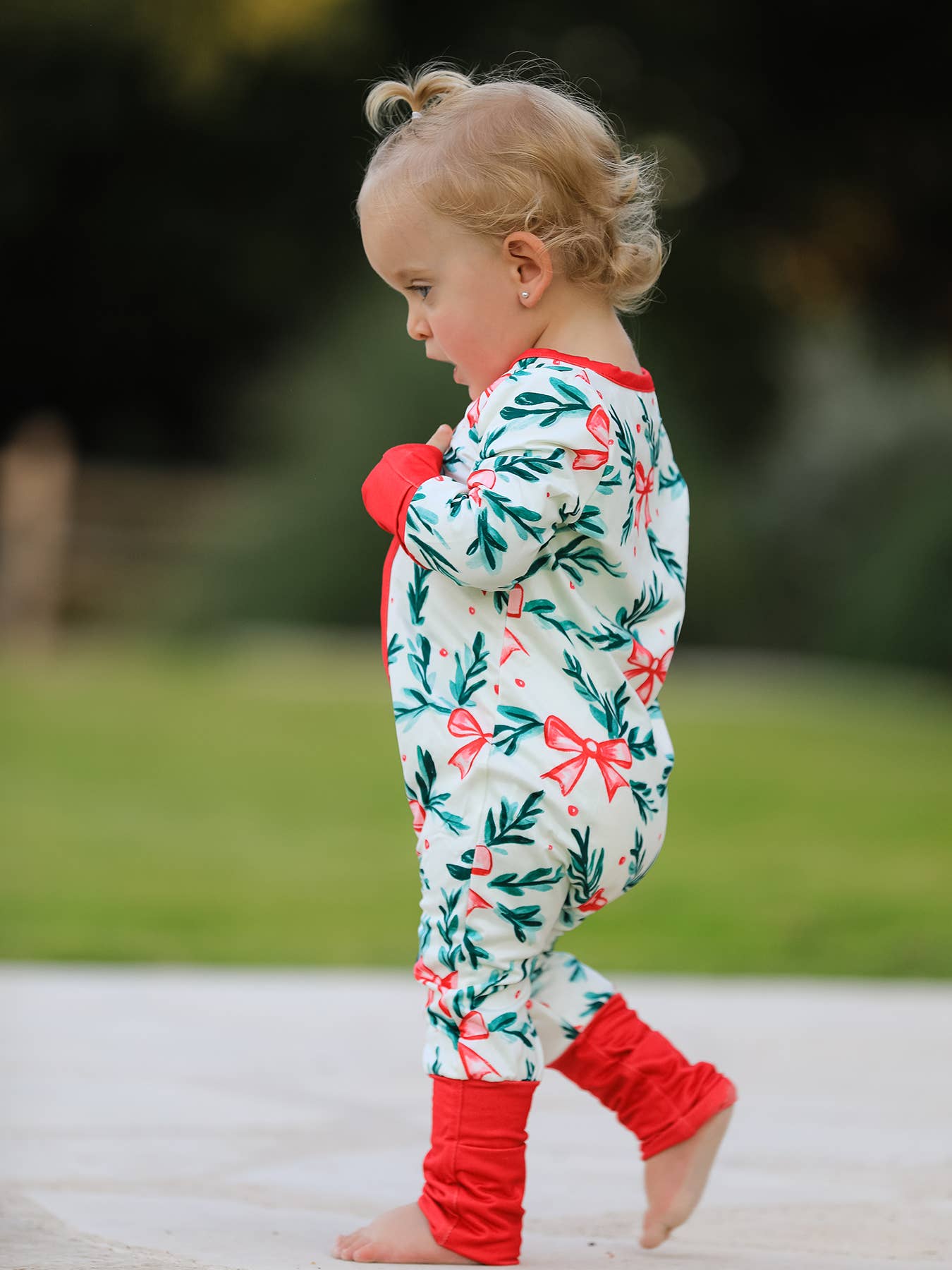 Christmas Bow and Holly Print Pajama Girls Romper