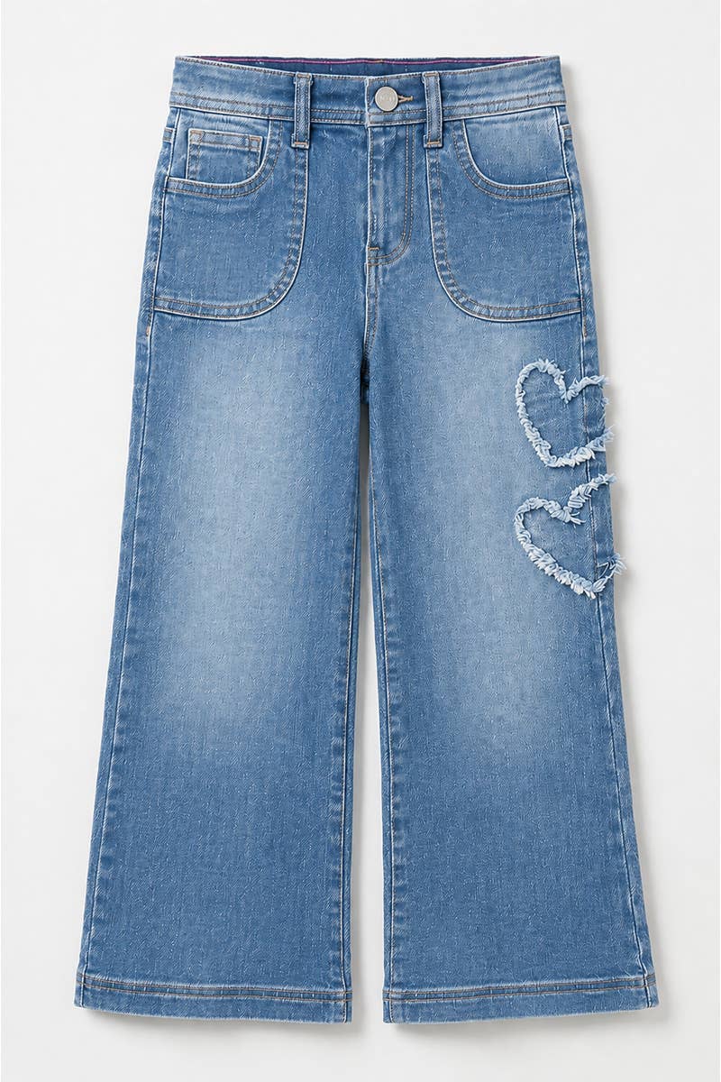 Girl's Wide Leg Denim Jean w/ Heart Appliques