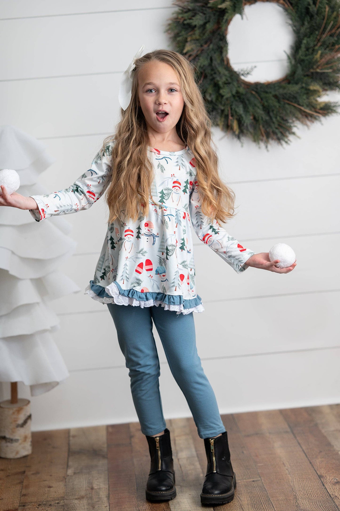 Snowman Lace Ruffle Pocket Winter Holiday Pant Set