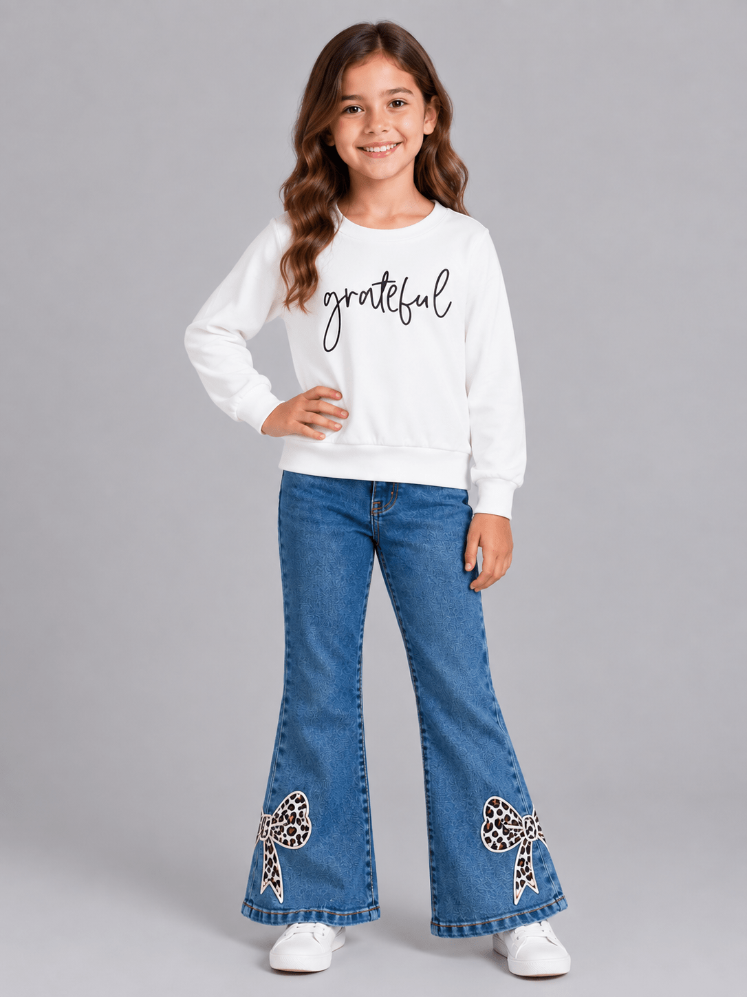 Girls Leopard Bow Bell Bottom Jeans
