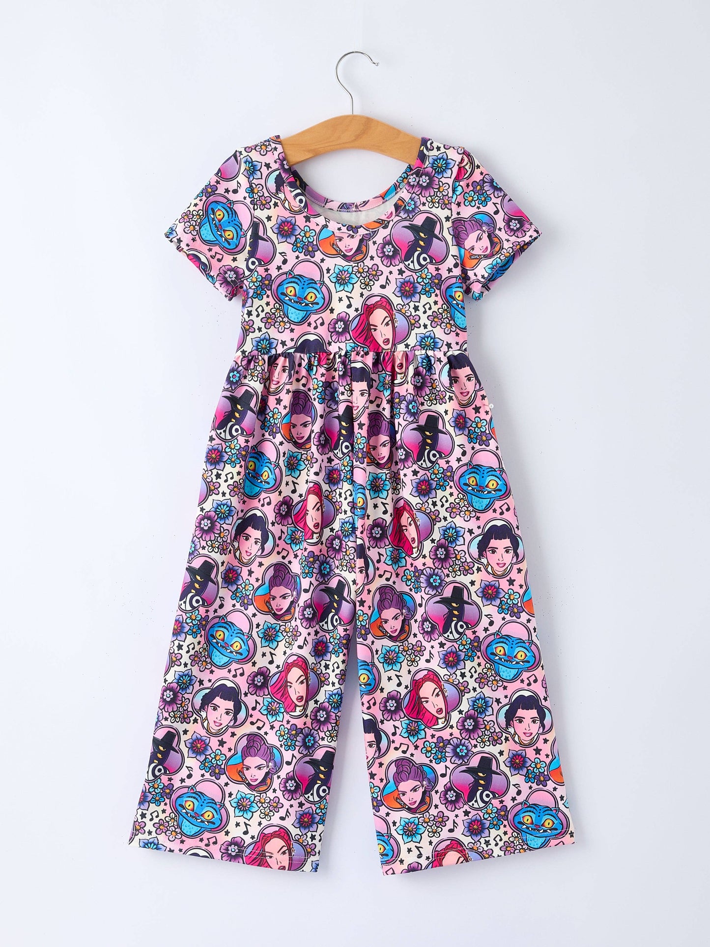 Summer Girls Print Short Sleeve Jumpsuit With Pockets