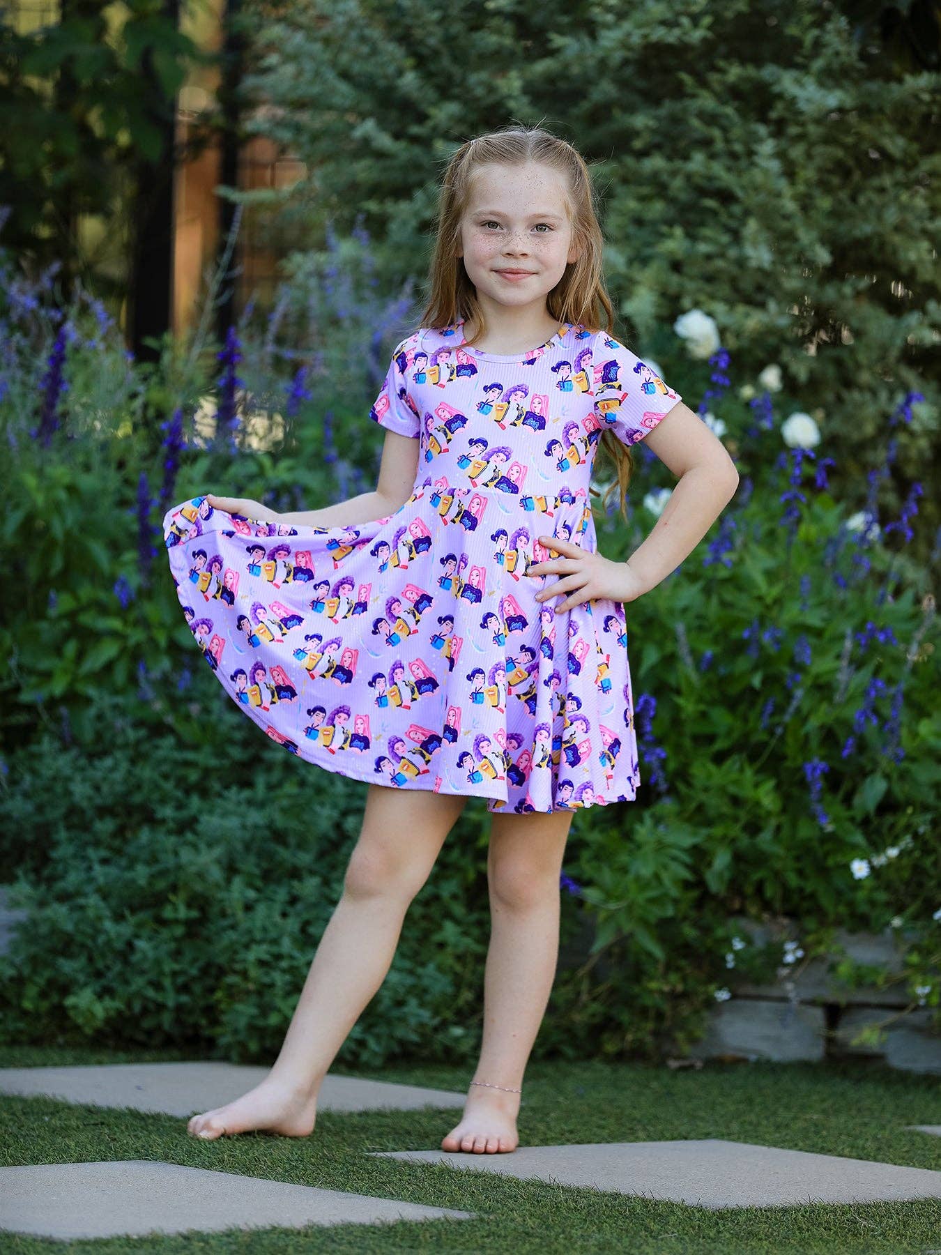 Girls Purple Print Short Sleeve Twirl Dress