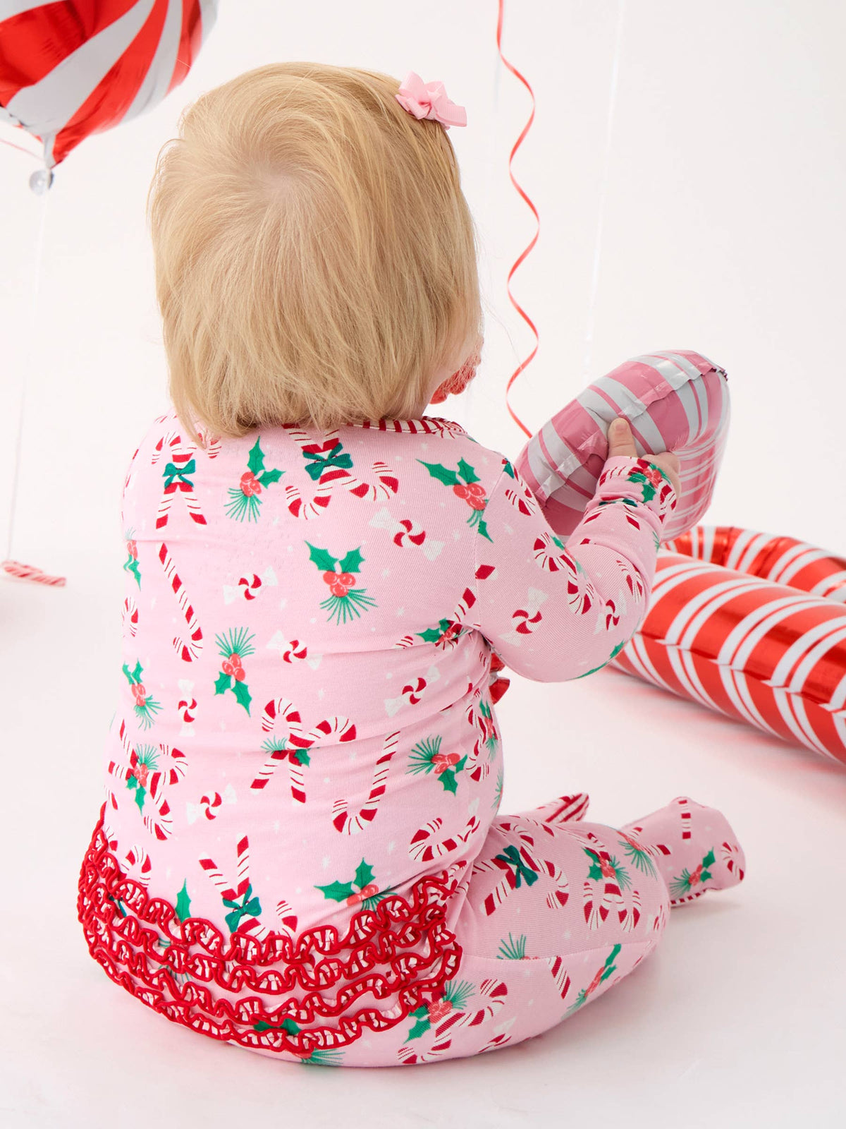 SoftSnooze™ Baby Girls Cotton Modal Holly Candy Canes Christmas Footed Ruffle One Piece Pajama