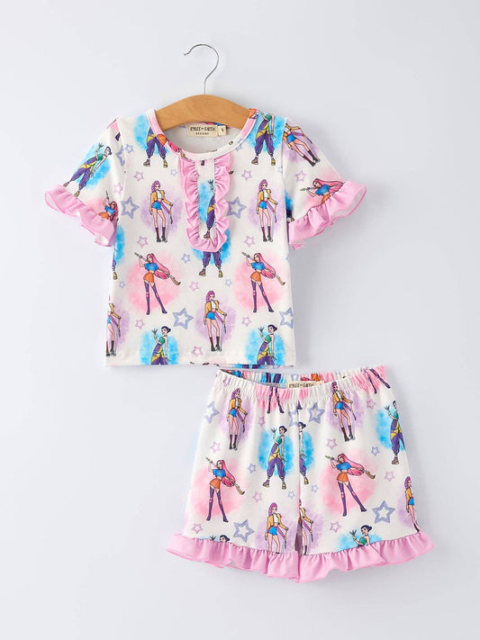 (ETA 3/12/26) White Girl Print Top And Ruffle Shorts Set
