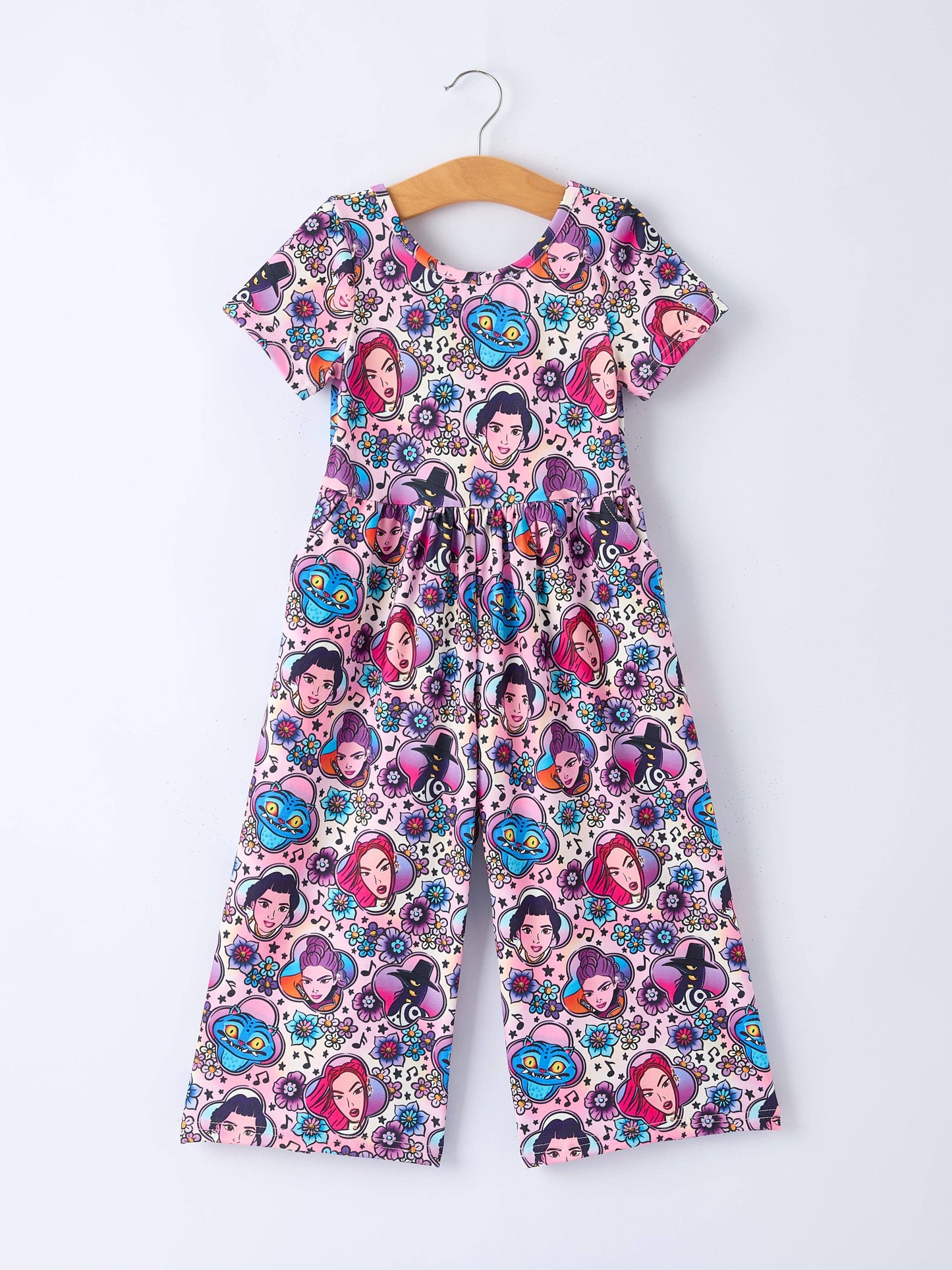 Summer Girls Print Short Sleeve Jumpsuit With Pockets