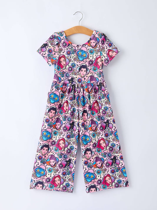 Summer Girls Print Short Sleeve Jumpsuit With Pockets