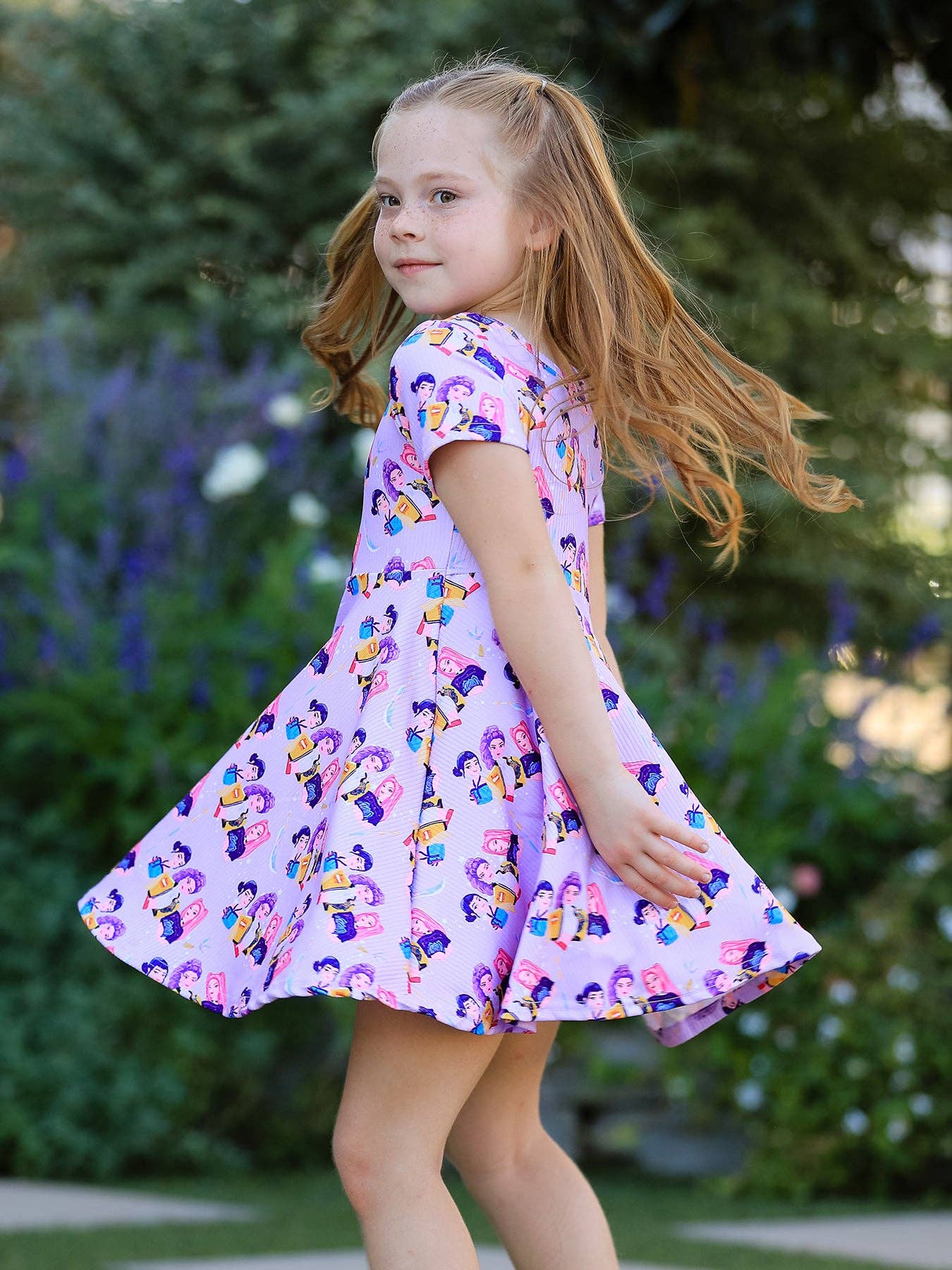 Girls Purple Print Short Sleeve Twirl Dress