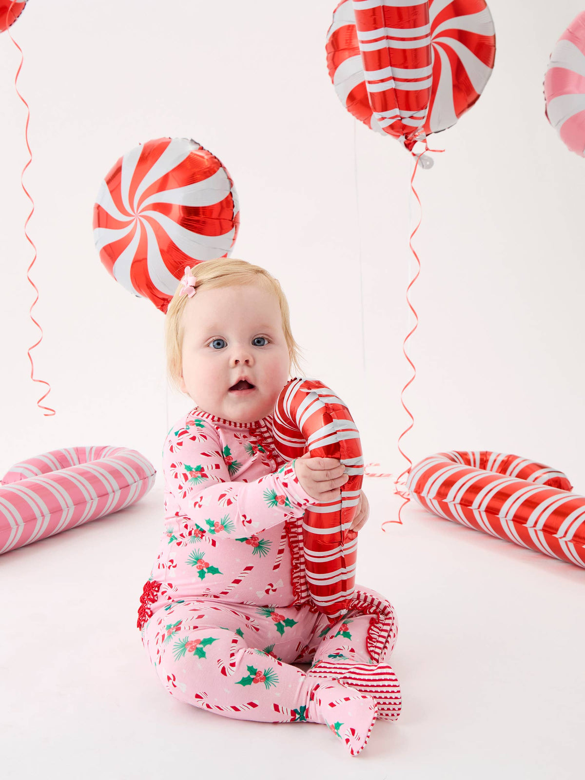 SoftSnooze™ Baby Girls Cotton Modal Holly Candy Canes Christmas Footed Ruffle One Piece Pajama