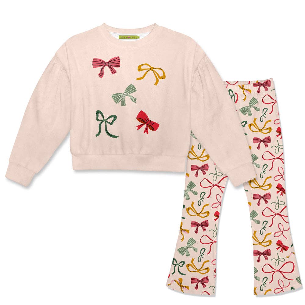 Kids Light Pink Bows Velour Sweatshirt & Flare Legging