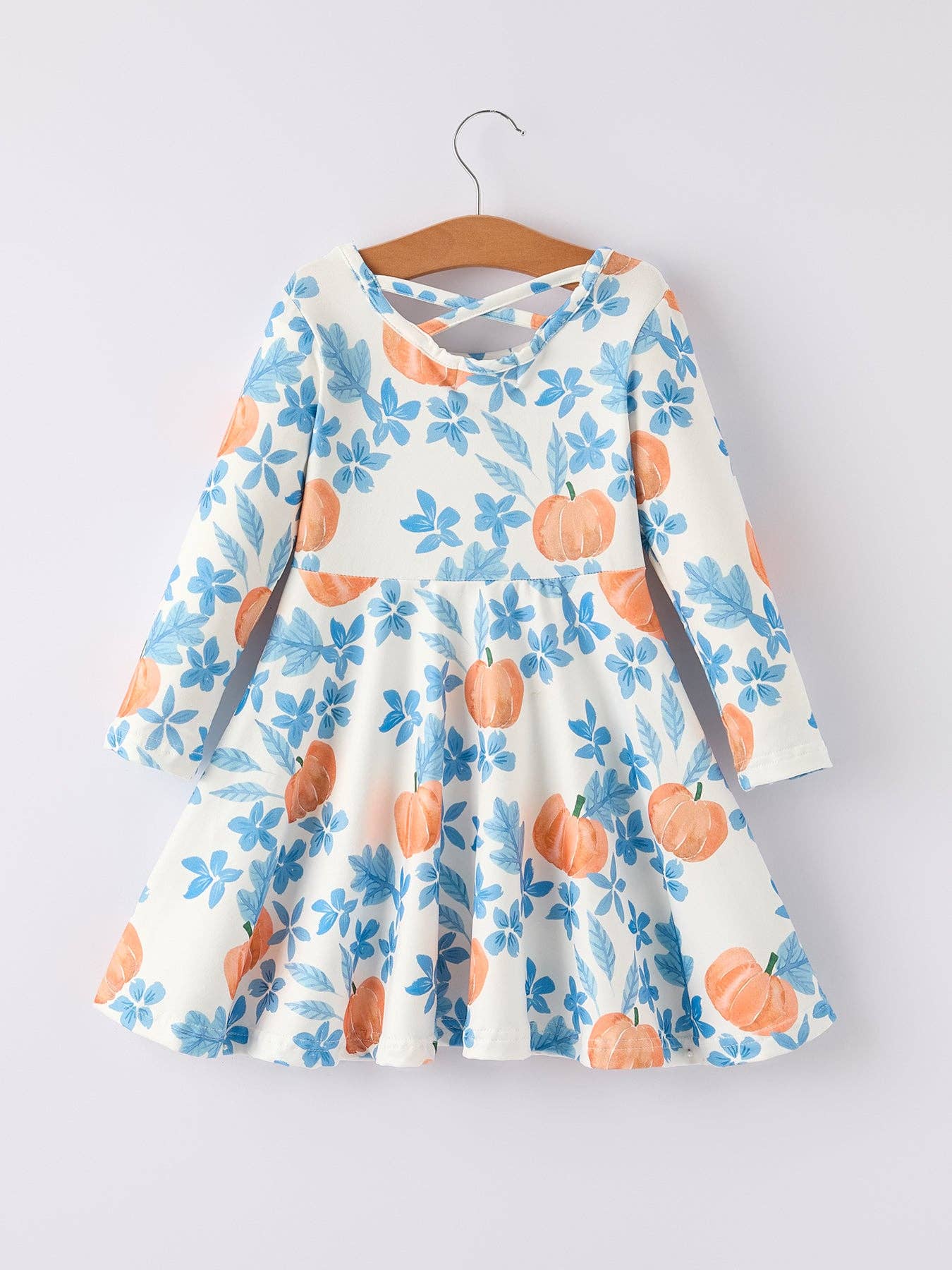 Pumpkin Blue Floral Print Long Sleeve Dress