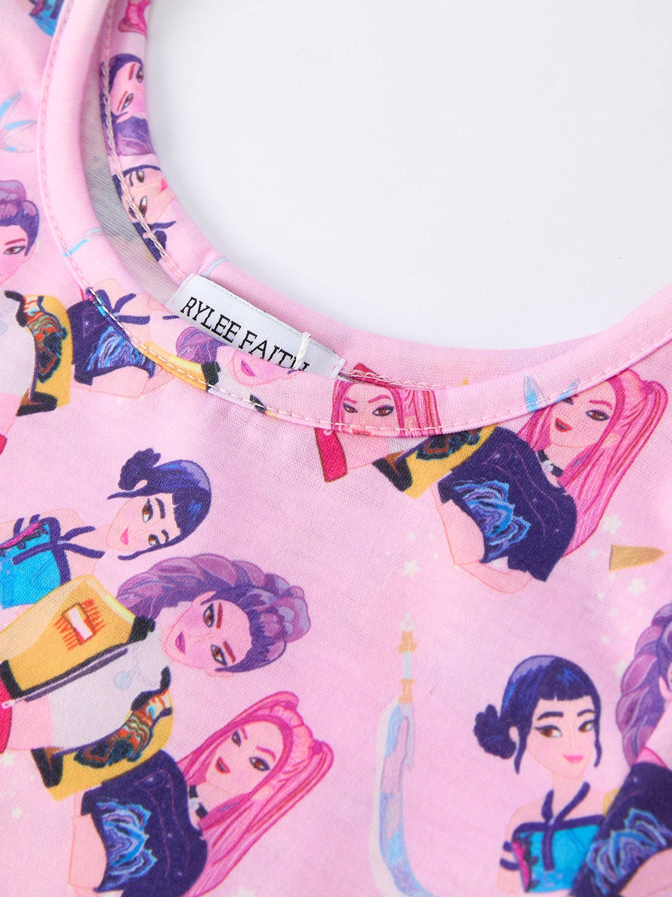 Pink Characters Print Short Sleeve Girls Dress