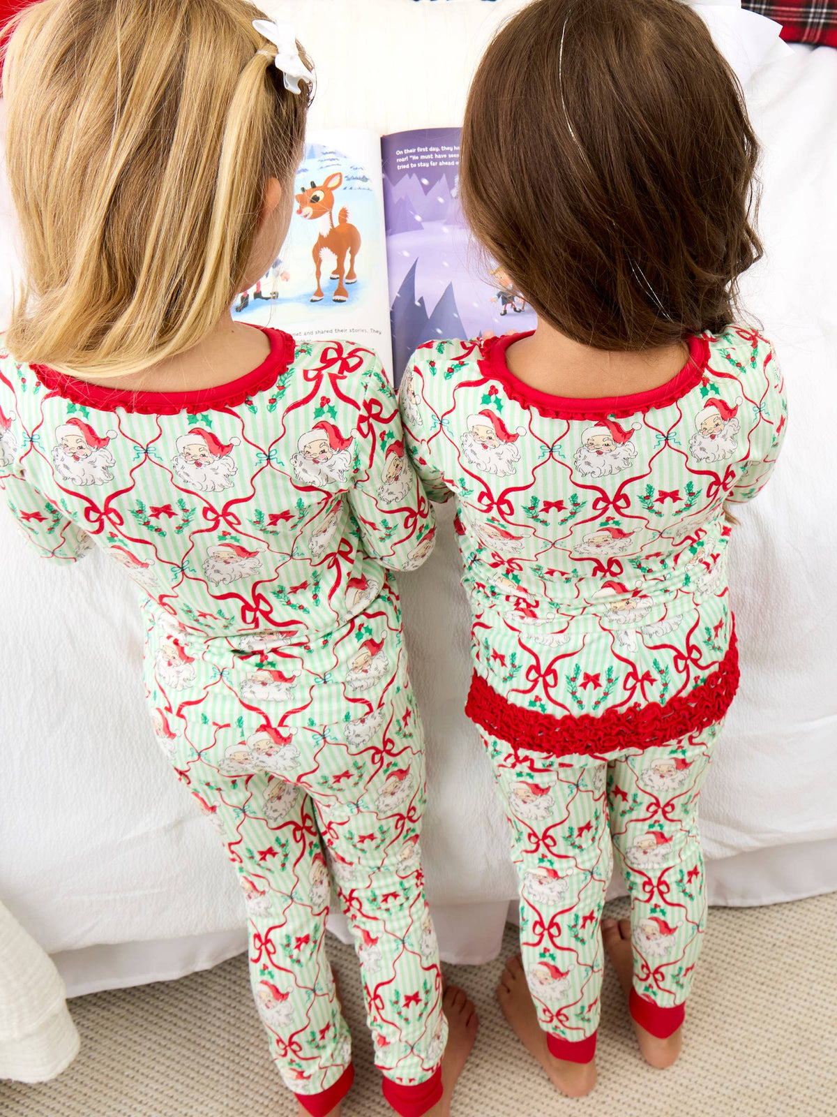 SoftSnooze™ Girls Bamboo Viscose Dear Santa Green Stripe Christmas Ruffle Long Sleeve Pajama Set