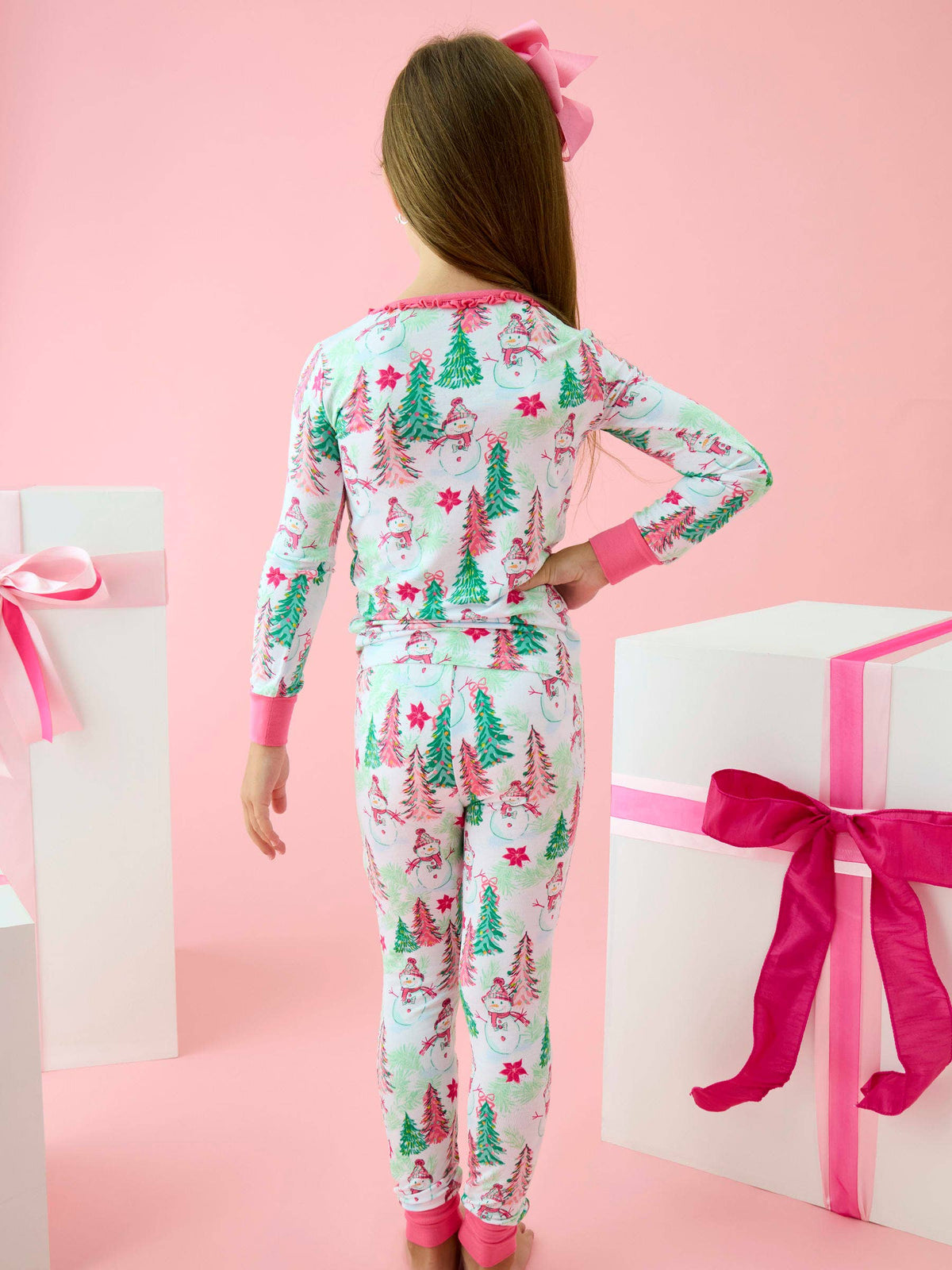 SoftSnooze™ Girls Bamboo Viscose Pink Snowman Grove Ruffle Long Sleeve Pajama Set