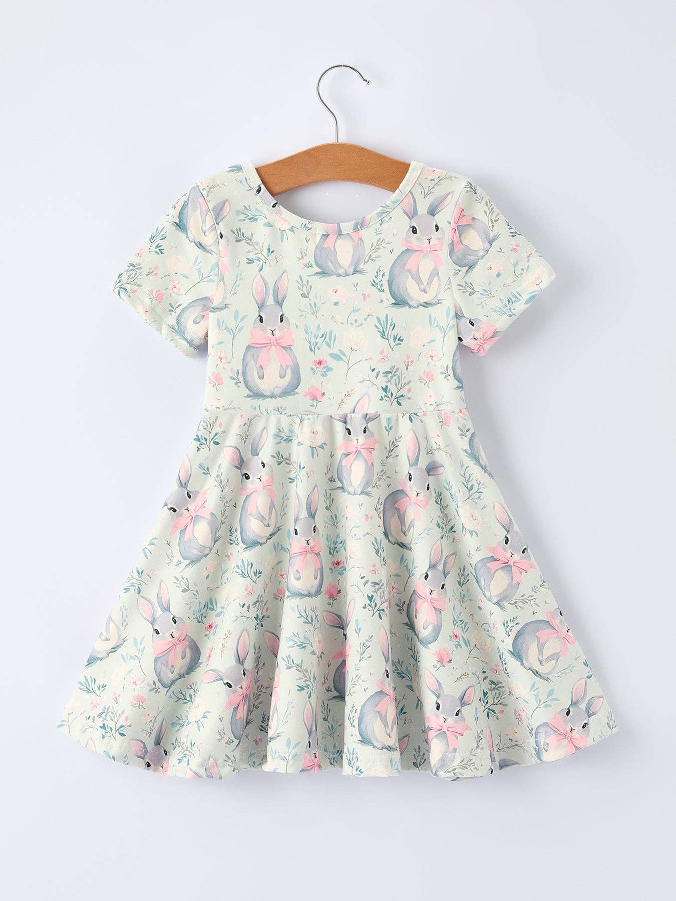 Easter Bunny Bow Print Twirl Short Sleeve Dress