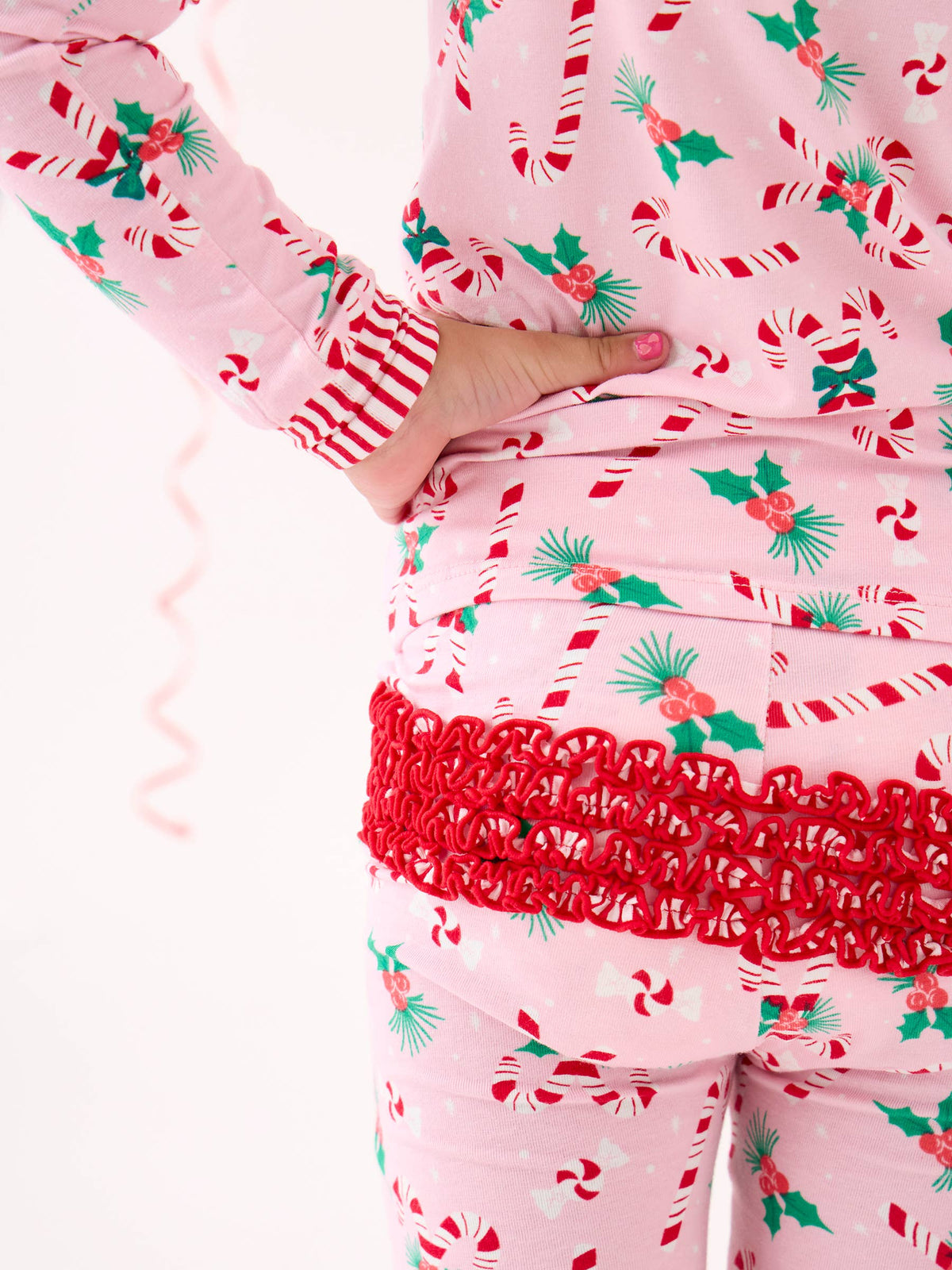 SoftSnooze™ Toddler Girls Cotton Modal Holly Candy Canes Christmas Ruffle Long Sleeve Pajama Set with Signature Rear Ruffles