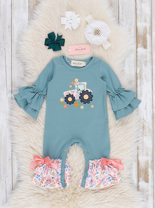 Soft Teal Floral Embroidered Tractor Romper