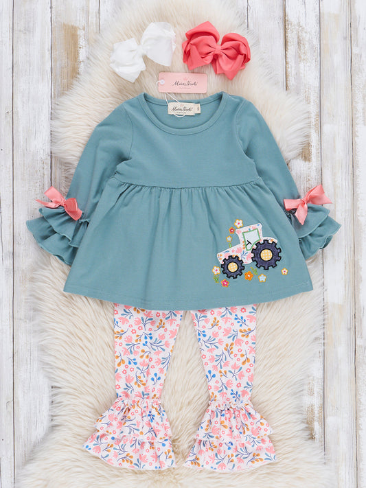 Soft Teal Floral Embroidered Tractor Outfit