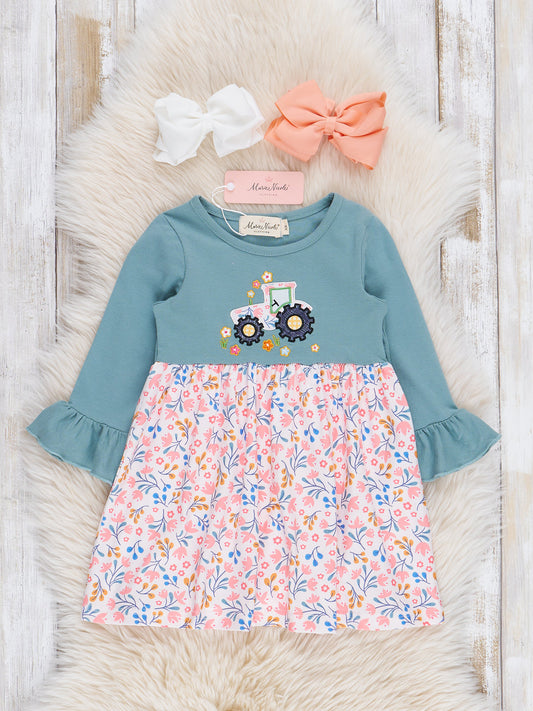 Soft Teal Floral Embroidered Tractor Dress