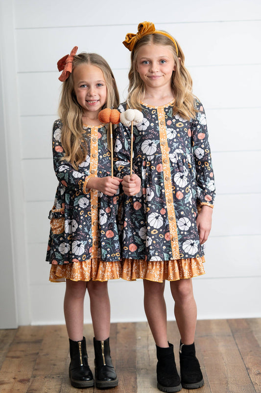 Girls Mustard Pumpkin Ruffle Pocket Button Tie Fall Dress