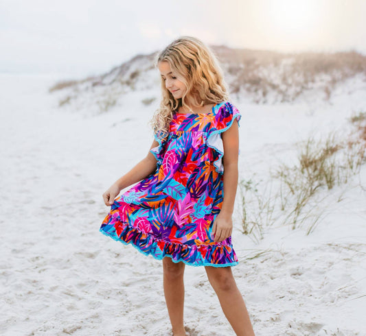 Bright Pink Blue Tropical Ruffle Spring Summer Dress