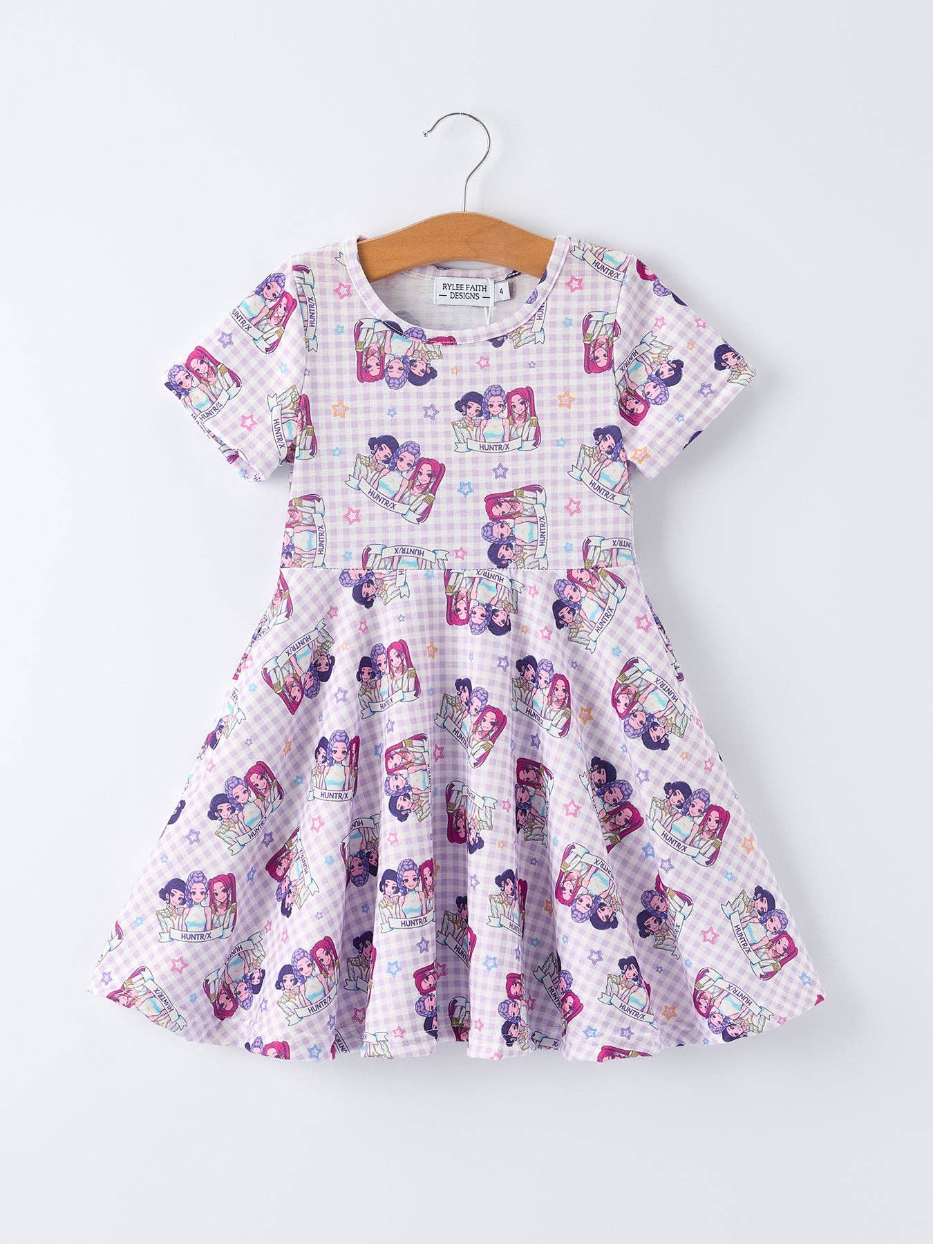 Purple Plaid Characters Print Short Sleeve Girls Dress