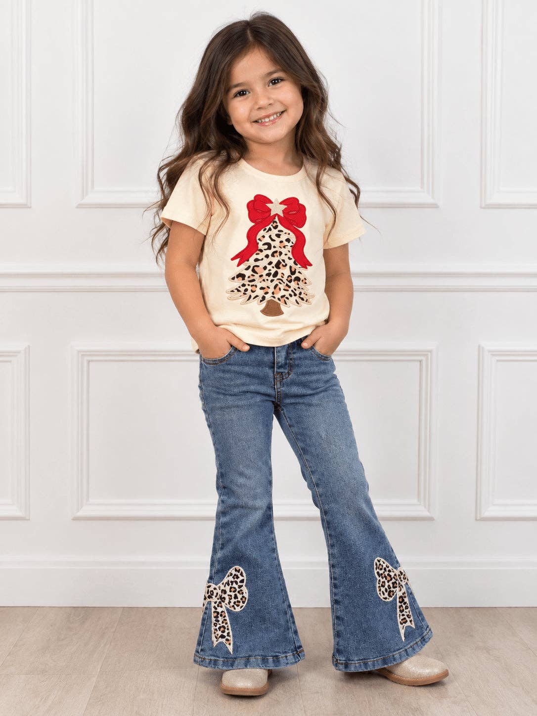 Christmas Applique Tree Leopard Print Girls Shirt