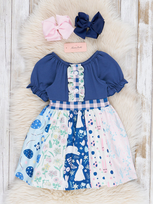 Navy Bunny Leaps Ruffle Dress