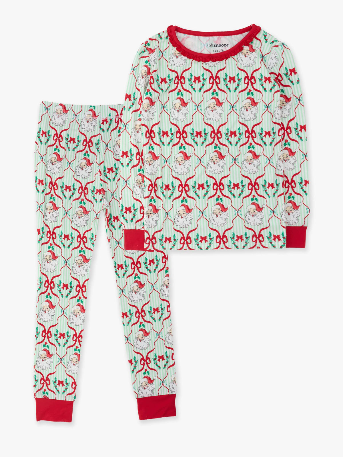SoftSnooze™ Girls Bamboo Viscose Dear Santa Green Stripe Christmas Ruffle Long Sleeve Pajama Set