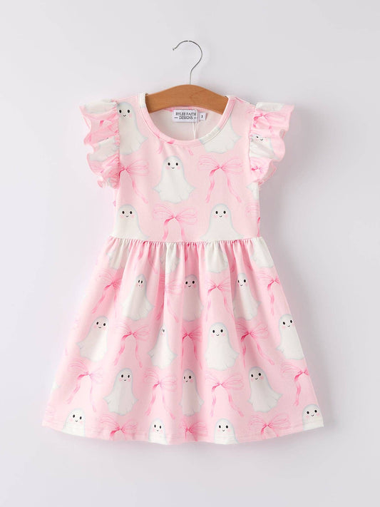 Halloween Pink Ghost Bow Flying Sleeve Dress