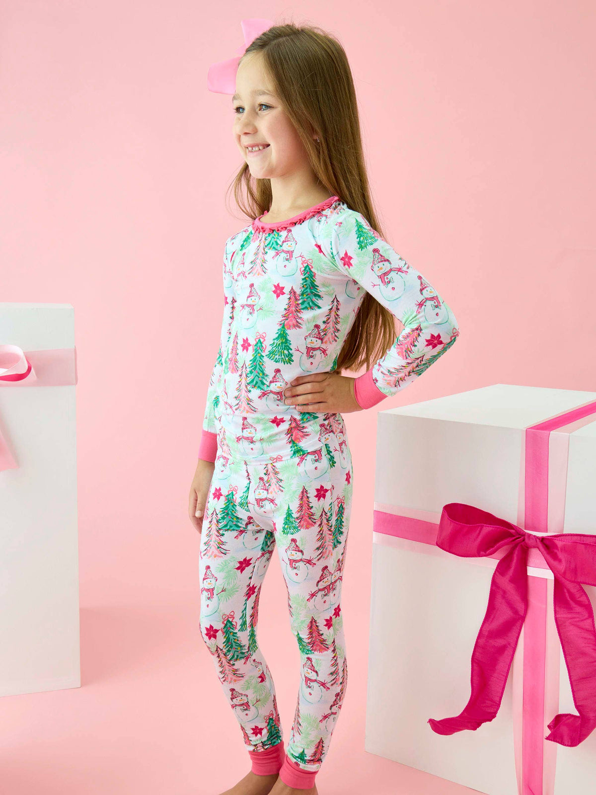 SoftSnooze™ Girls Bamboo Viscose Pink Snowman Grove Ruffle Long Sleeve Pajama Set