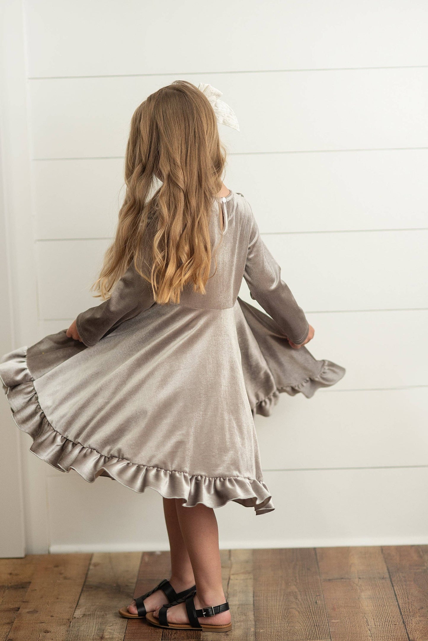 Gray Silver Velvet Ruffle Fancy Christmas Party Dress