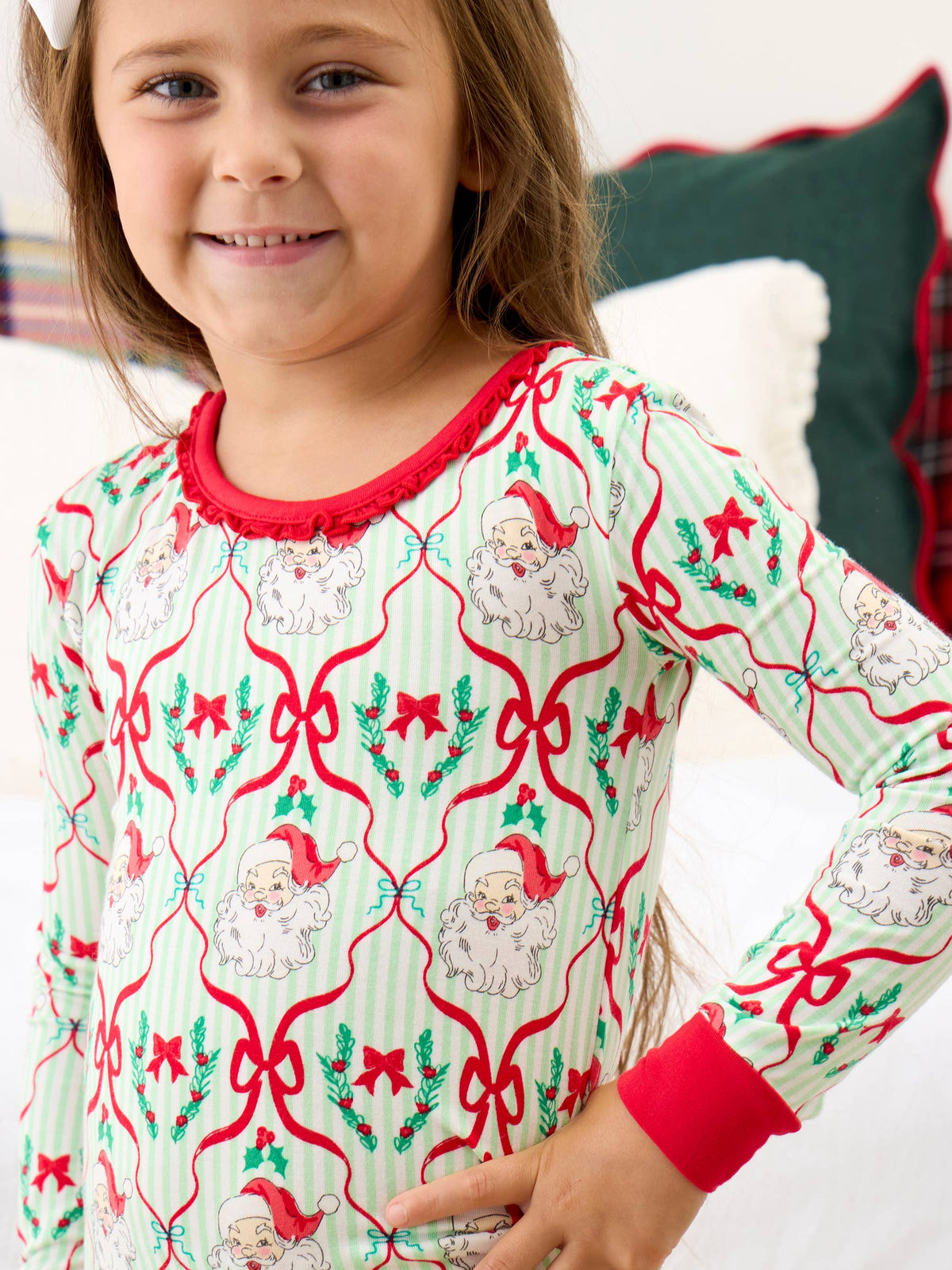 SoftSnooze™ Toddler Girls Bamboo Viscose Dear Santa Green Stripe Christmas Ruffle Long Sleeve Pajama Set with Signature Rear Ruffles